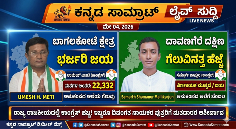 ಉಪಕದನದಲ್ಲಿ ಕಾಂಗ್ರೆಸ್ ಕಮಾಲ್: ಬಾಗಲಕೋಟೆ ‘ಕೈ’ ವಶ, ದಾವಣಗೆರೆ ದಕ್ಷಿಣದಲ್ಲೂ ಕಮಲ ಪಾಳಯಕ್ಕೆ ಮುಖಭಂಗ!